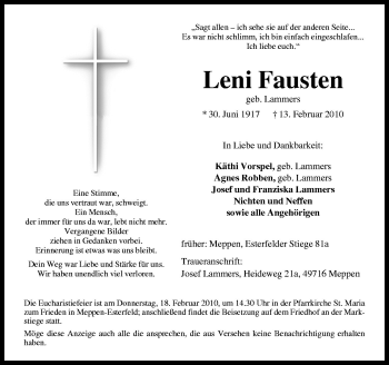 Traueranzeige von Leni Fausten von Neue Osnabrücker Zeitung GmbH & Co. KG