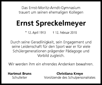 Traueranzeige von Ernst Spreckelmeyer von Neue Osnabrücker Zeitung GmbH & Co. KG