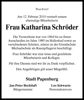 Traueranzeige von Katharina Schröder von Neue Osnabrücker Zeitung GmbH & Co. KG