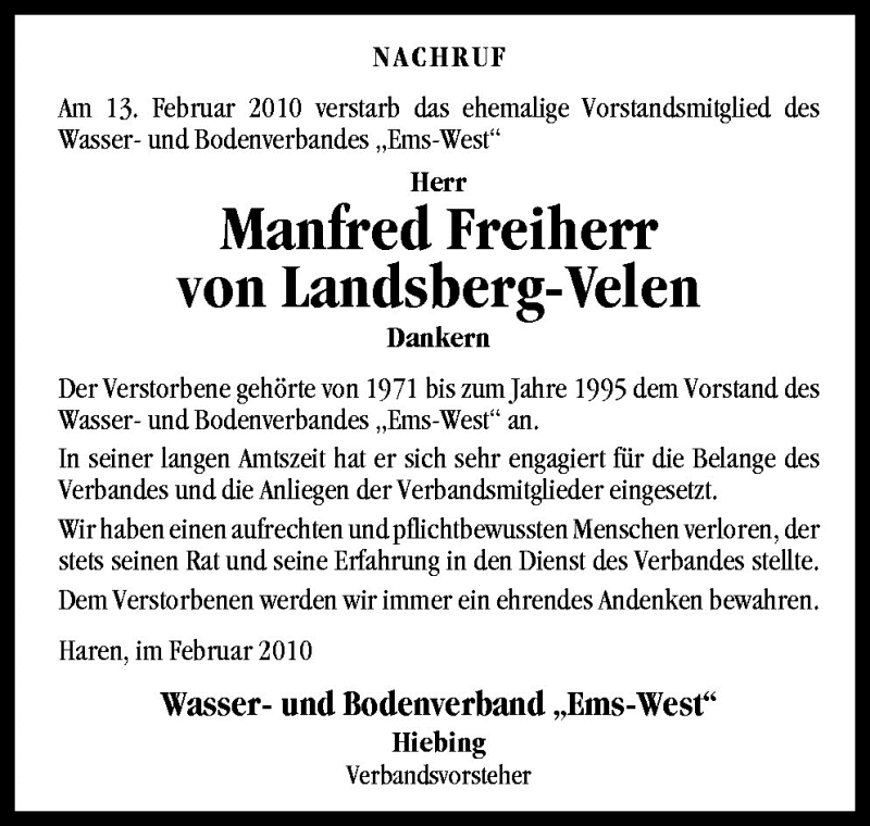  Traueranzeige für Manfred Freiherr von Landsberg-Velen vom 18.02.2010 aus Neue Osnabrücker Zeitung GmbH & Co. KG
