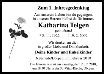 Traueranzeige von Katharina Telgen von Neue Osnabrücker Zeitung GmbH & Co. KG
