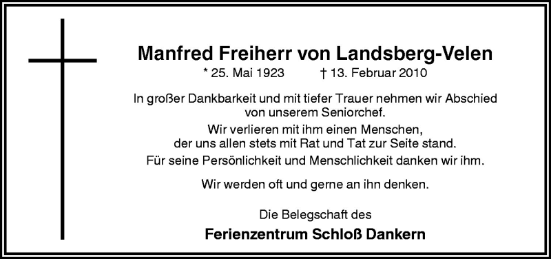  Traueranzeige für Manfred Freiherr von Landsberg-Velen vom 18.02.2010 aus Neue Osnabrücker Zeitung GmbH & Co. KG