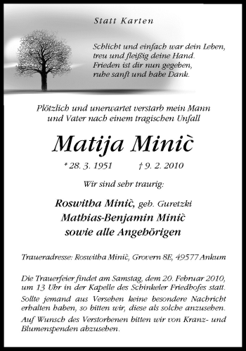 Traueranzeige von Minic Matija von Neue Osnabrücker Zeitung GmbH & Co. KG