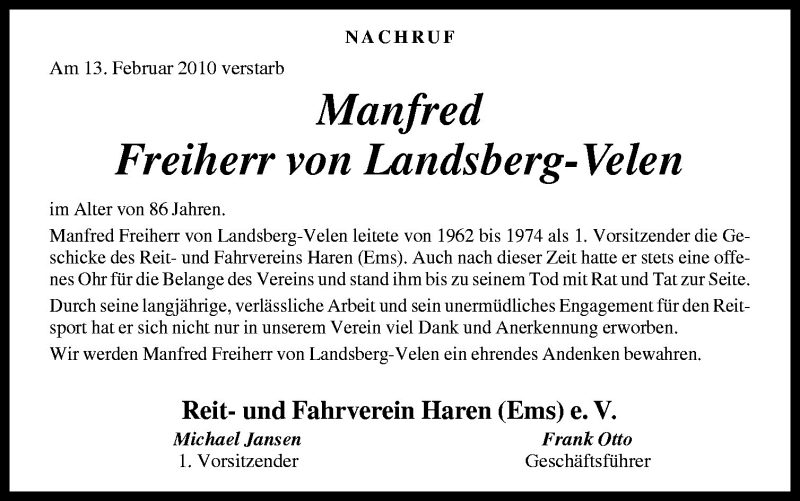  Traueranzeige für Manfred Freiherr von Landsberg-Velen vom 19.02.2010 aus Neue Osnabrücker Zeitung GmbH & Co. KG