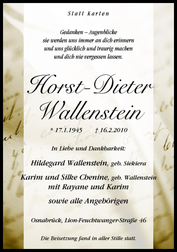 Traueranzeige von Horst-Dieter Wallenstein von Neue Osnabrücker Zeitung GmbH & Co. KG