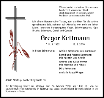 Traueranzeige von Gregor Kettmann von Neue Osnabrücker Zeitung GmbH & Co. KG