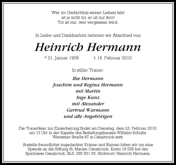 Traueranzeige von Heinrich Hermann von Neue Osnabrücker Zeitung GmbH & Co. KG