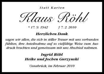 Traueranzeige von Klaus Röhl von Neue Osnabrücker Zeitung GmbH & Co. KG