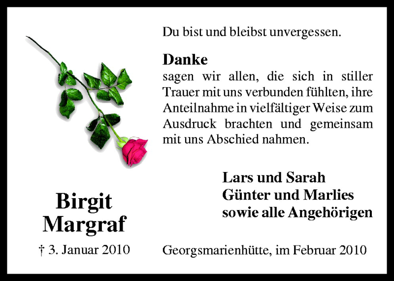  Traueranzeige für Birgit Margraf vom 20.02.2010 aus Neue Osnabrücker Zeitung GmbH & Co. KG