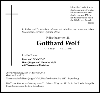 Traueranzeige von Gotthard Wolf von Neue Osnabrücker Zeitung GmbH & Co. KG