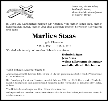 Traueranzeige von Marlies Staas von Neue Osnabrücker Zeitung GmbH & Co. KG