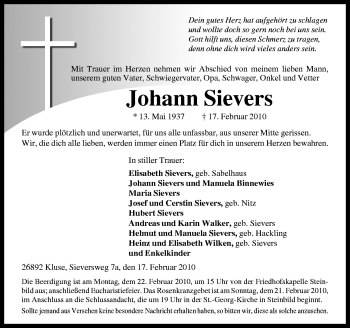 Traueranzeige von Johann Sievers von Neue Osnabrücker Zeitung GmbH & Co. KG