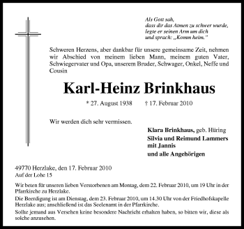 Traueranzeige von Karl-Heinz Brinkhaus von Neue Osnabrücker Zeitung GmbH & Co. KG