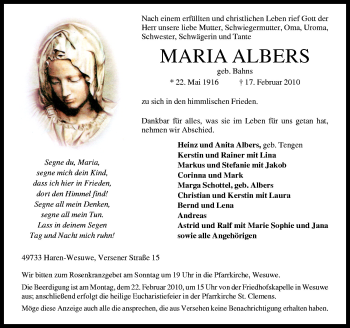 Traueranzeige von Maria Albers von Neue Osnabrücker Zeitung GmbH & Co. KG