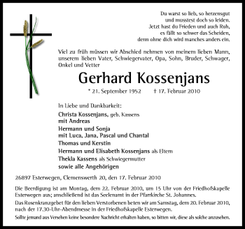 Traueranzeige von Gerhard Kossenjans von Neue Osnabrücker Zeitung GmbH & Co. KG