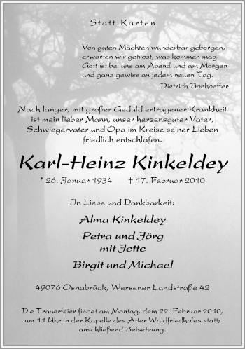 Traueranzeige von Karl-Heinz Kinkeldey von Neue Osnabrücker Zeitung GmbH & Co. KG