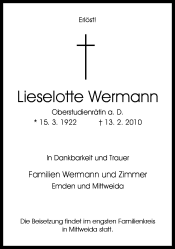 Traueranzeige von Lieselotte Wermann von Neue Osnabrücker Zeitung GmbH & Co. KG
