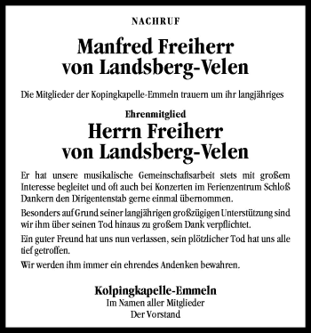 Traueranzeige von Manfred Freiherr von Landsberg-Velen von Neue Osnabrücker Zeitung GmbH & Co. KG