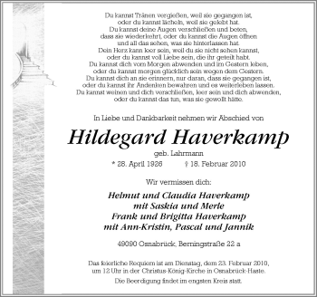 Traueranzeige von Hildegard Haverkamp von Neue Osnabrücker Zeitung GmbH & Co. KG