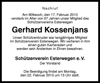 Traueranzeige von Gerhard Kossenjans von Neue Osnabrücker Zeitung GmbH & Co. KG