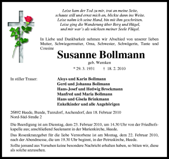 Traueranzeige von Susanne Bollmann von Neue Osnabrücker Zeitung GmbH & Co. KG