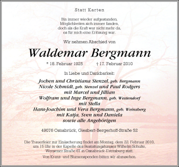 Traueranzeige von Bergmann Waldemar von Neue Osnabrücker Zeitung GmbH & Co. KG