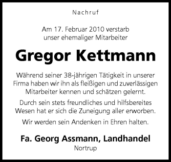 Traueranzeige von Gregor Kettmann von Neue Osnabrücker Zeitung GmbH & Co. KG