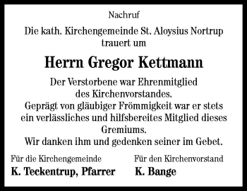 Traueranzeige von Gregor Kettmann von Neue Osnabrücker Zeitung GmbH & Co. KG