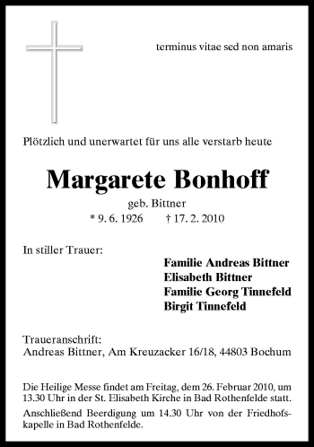 Traueranzeige von Margarete Bonhoff von Neue Osnabrücker Zeitung GmbH & Co. KG