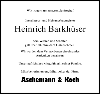 Traueranzeige von Heinrich Barkhüser von Neue Osnabrücker Zeitung GmbH & Co. KG