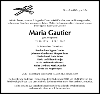 Traueranzeige von Maria Gautier von Neue Osnabrücker Zeitung GmbH & Co. KG