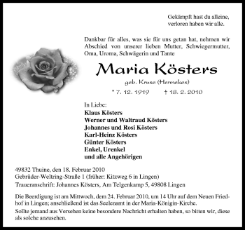 Traueranzeige von Maria Kösters von Neue Osnabrücker Zeitung GmbH & Co. KG