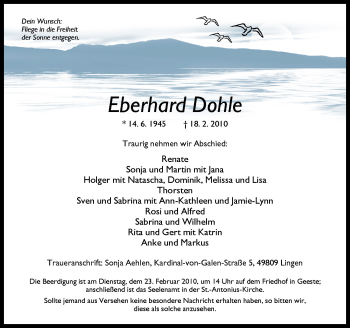 Traueranzeige von Eberhard Dohle von Neue Osnabrücker Zeitung GmbH & Co. KG