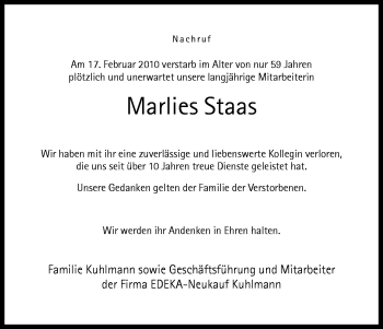 Traueranzeige von Marlies Staas von Neue Osnabrücker Zeitung GmbH & Co. KG