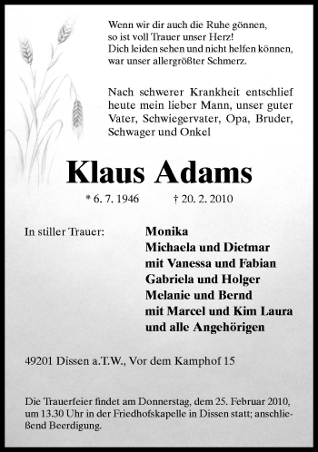 Traueranzeige von Klaus Adams von Neue Osnabrücker Zeitung GmbH & Co. KG