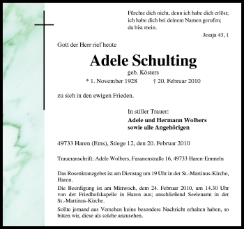 Traueranzeige von Adele Schulting von Neue Osnabrücker Zeitung GmbH & Co. KG