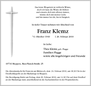 Traueranzeige von Franz Klemz von Neue Osnabrücker Zeitung GmbH & Co. KG