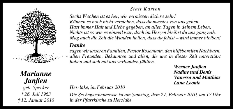  Traueranzeige für Marianne Janßen vom 24.02.2010 aus Neue Osnabrücker Zeitung GmbH & Co. KG