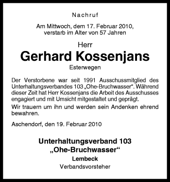 Traueranzeige von Gerhard Kossenjans von Neue Osnabrücker Zeitung GmbH & Co. KG