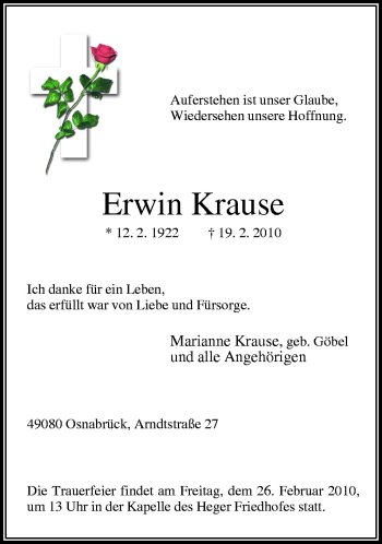 Traueranzeige von Erwin Krause von Neue Osnabrücker Zeitung GmbH & Co. KG