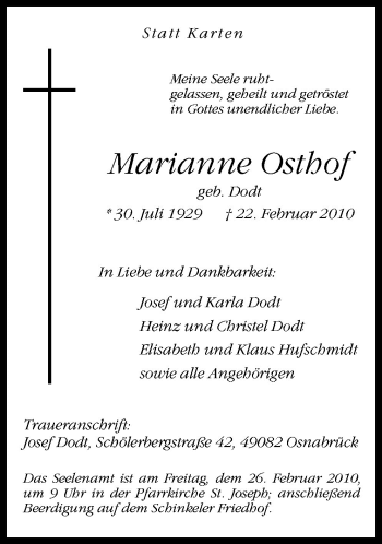 Traueranzeige von Marianne Osthof von Neue Osnabrücker Zeitung GmbH & Co. KG