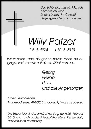 Traueranzeige von Willy Patzer von Neue Osnabrücker Zeitung GmbH & Co. KG