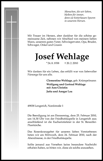 Traueranzeige von Josef Wehlage von Neue Osnabrücker Zeitung GmbH & Co. KG