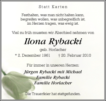 Traueranzeige von Ilona Rybacki von Neue Osnabrücker Zeitung GmbH & Co. KG