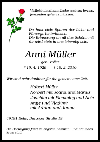 Traueranzeige von Anni Müller von Neue Osnabrücker Zeitung GmbH & Co. KG
