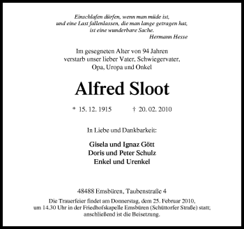 Traueranzeige von Alfred Sloot von Neue Osnabrücker Zeitung GmbH & Co. KG