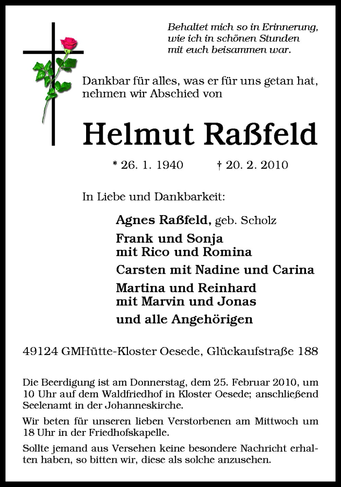  Traueranzeige für Helmut Raßfeld vom 23.02.2010 aus Neue Osnabrücker Zeitung GmbH & Co. KG