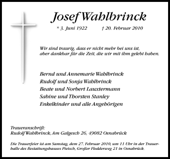 Traueranzeige von Josef Wahlbrink von Neue Osnabrücker Zeitung GmbH & Co. KG