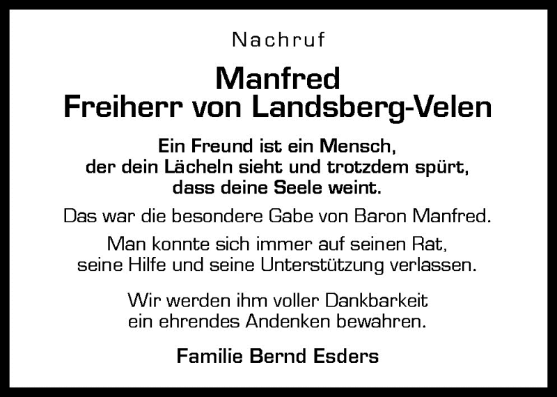  Traueranzeige für Manfred Freiherr von Landsberg-Velen vom 24.02.2010 aus Neue Osnabrücker Zeitung GmbH & Co. KG