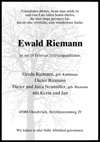 Traueranzeige von Ewald Riemann von Neue Osnabrücker Zeitung GmbH & Co. KG